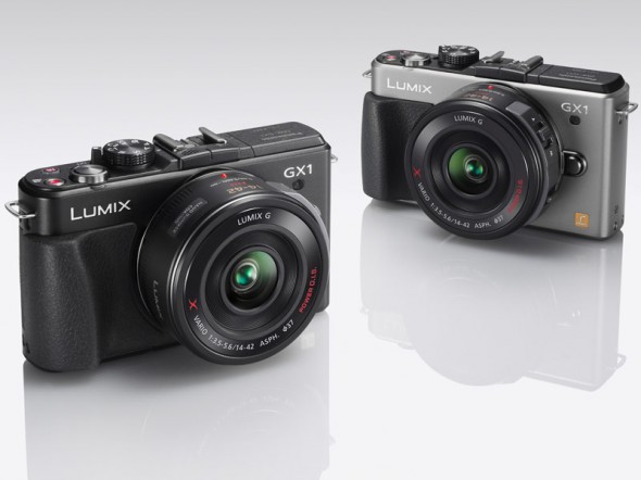 Panasonic Lumix GX1 MFT camera black and silver side-by-side Panasonic Lumix GX1 MFT camera black and silver side-by-side