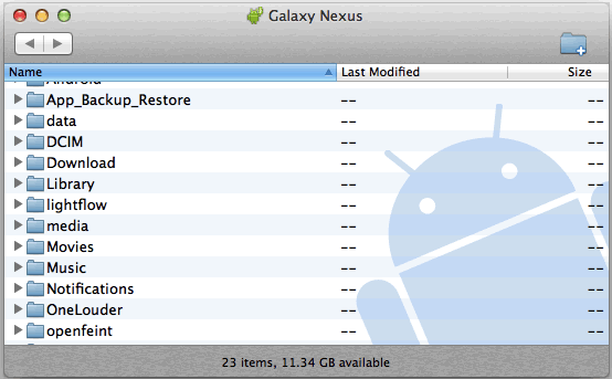 Galaxy Nexus connected with MTP to a Mac with Android File Transfer - folder list Galaxy Nexus connected with MTP to a Mac with Android File Transfer - folder list