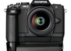 Olympus OM-D E-M5 MFT digital camera - front - black with horizontal and battery grips Olympus OM-D E-M5 MFT digital camera - front - black with horizontal and battery grips